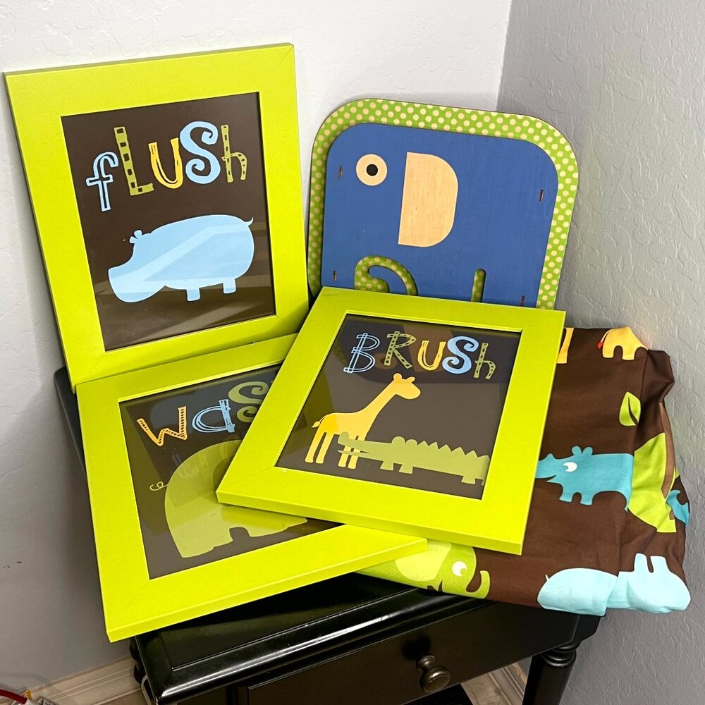 Bathroom Lot of Jungle Theme Decor Shower Curtin Wall Hangings